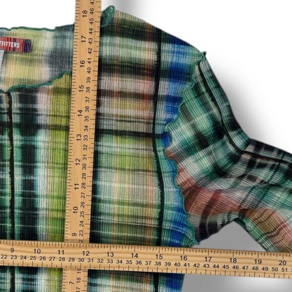 Urban Outfitters Margot Crop Top Wm‎ M Lettuce Edge Colorful Sheer Stretchy LSlv - Picture 5 of 11